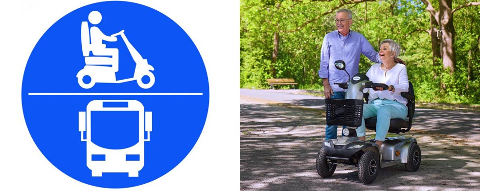 Eine blaue Plakette, die im ÖPNV zugelassene Scooter kennzeichnet und ein MovingStar Elektro-Scooter SC 150